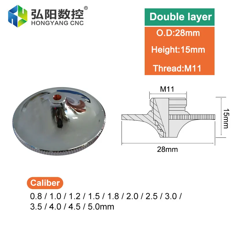 Nosel Laser Hongshan Lapisan Tunggal dan Ganda 28Mm Nosel Tembaga Logam Pemotong Diameter Kepala Yang Ditingkatkan 0.8-5.0 Ulir M11