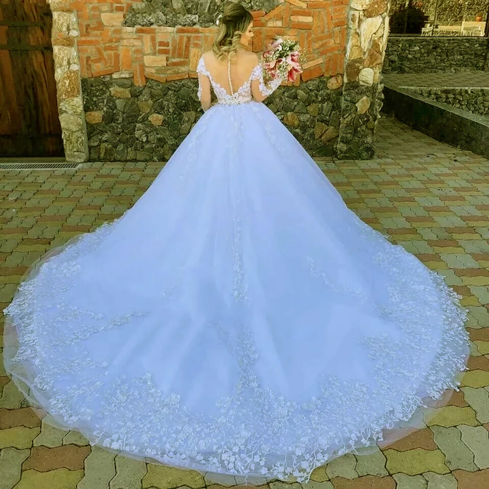 Customized Lace Appliques Long Sleeves Wedding Gowns Princess Tulle Of O-Neck Ball Gown Wedding Dress Plus Size Robe De Mariee