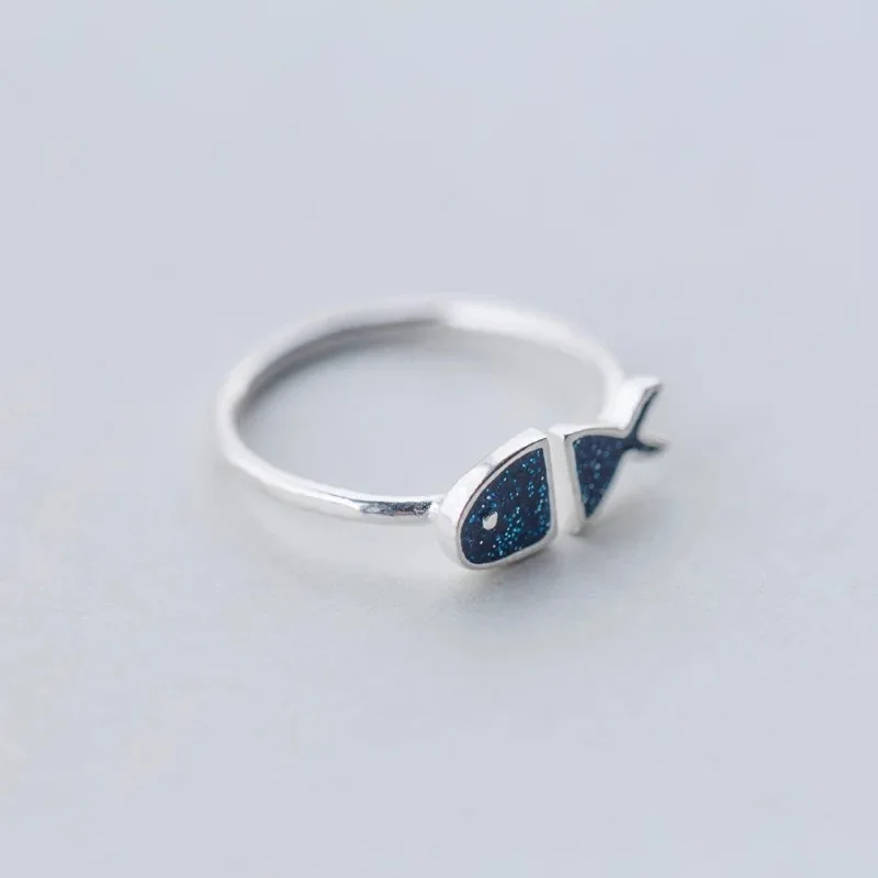 BF CLUB cincin minimalis wanita, Perhiasan halus minimalis bisa disesuaikan warna perak geometris hitam Enamel ikan biru untuk hadiah pesta