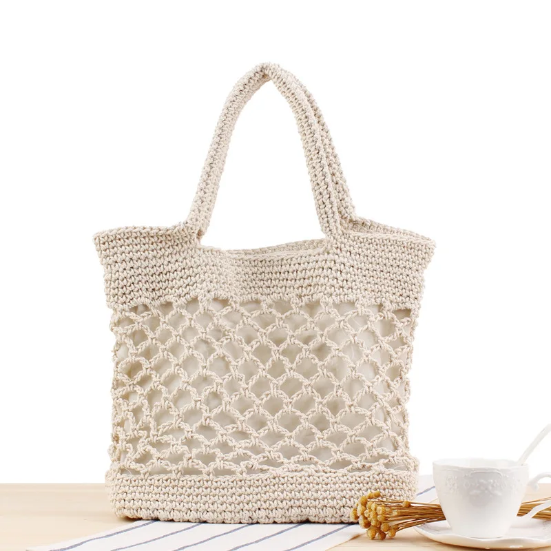 Pure Color Cotton Thread Hand Crocheting Woven Beach Straw Bag Trendy Women's Portable Vacation Handbags