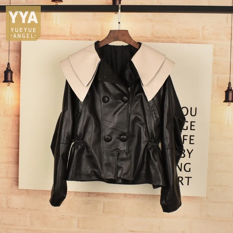 Sweet Ladies Lapel Collar Batwing Sleeve Genuine Leather Jacket Women Double Breasted Elastic Waist Coat Slim Sheepskin Jackets