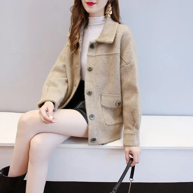 2022 New Women Woolen Jacket Female Imitation Mink Velvet Coat Ladies Short Wool Coats Lady spring Autumnr Knit Cardigan Tops C