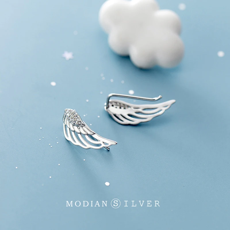 Modian Trendy Feathers Stud Earrings for Women Genuine 925 Sterling Silver Shiny CZ Angel Wings Asymmetry Ear Pin Fine Jewelry