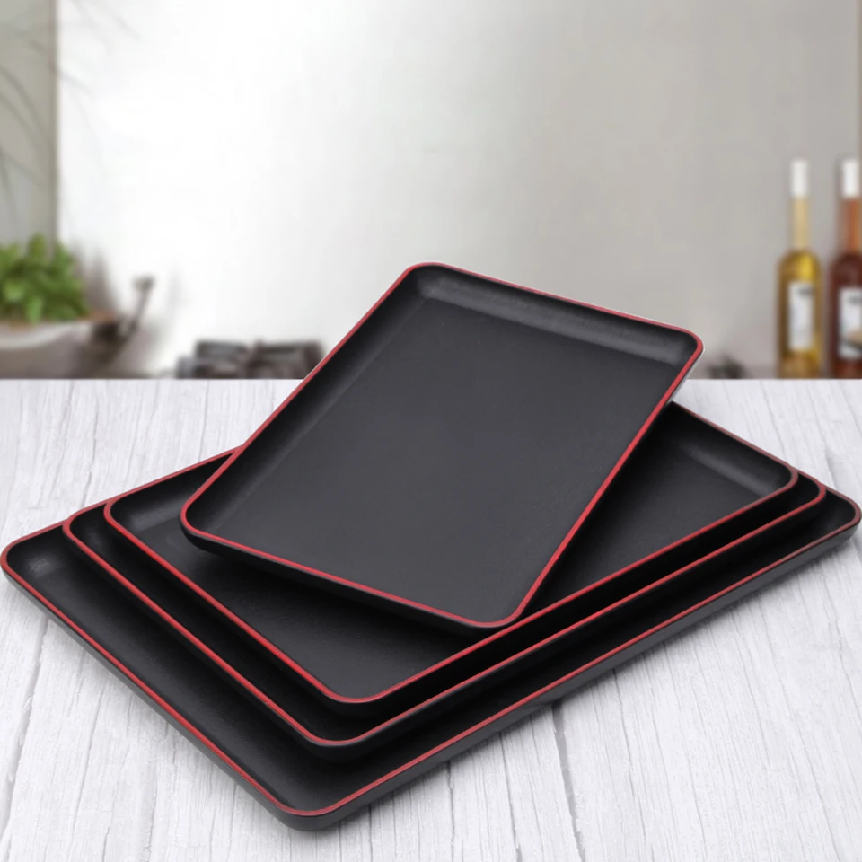 Japanese Tray Sushi Plate Melamine Imitation Porcelain Dinner Plate Rectangular Black Red Edge Hotel Guest Room Storage Tray