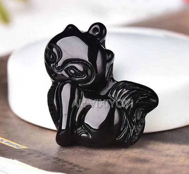 Beautiful Handwork Natural Black Obsidian Carved Chinese Cute Fox Lucky Amulet Pendant + Beads Necklace Fine Trendy Jewelry