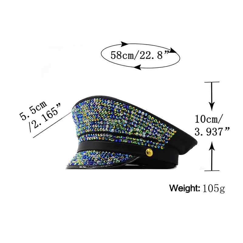 Luxury diamond Performance hat Visor singer Cap Army Hat Cortical Military Hats Police Cap Cosplay Halloween Hat 56-58CM