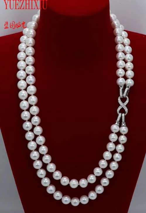 

natural 8-9mm white freshwater pearl Hand knotted 2row double necklace fine jewelry 17-18inch