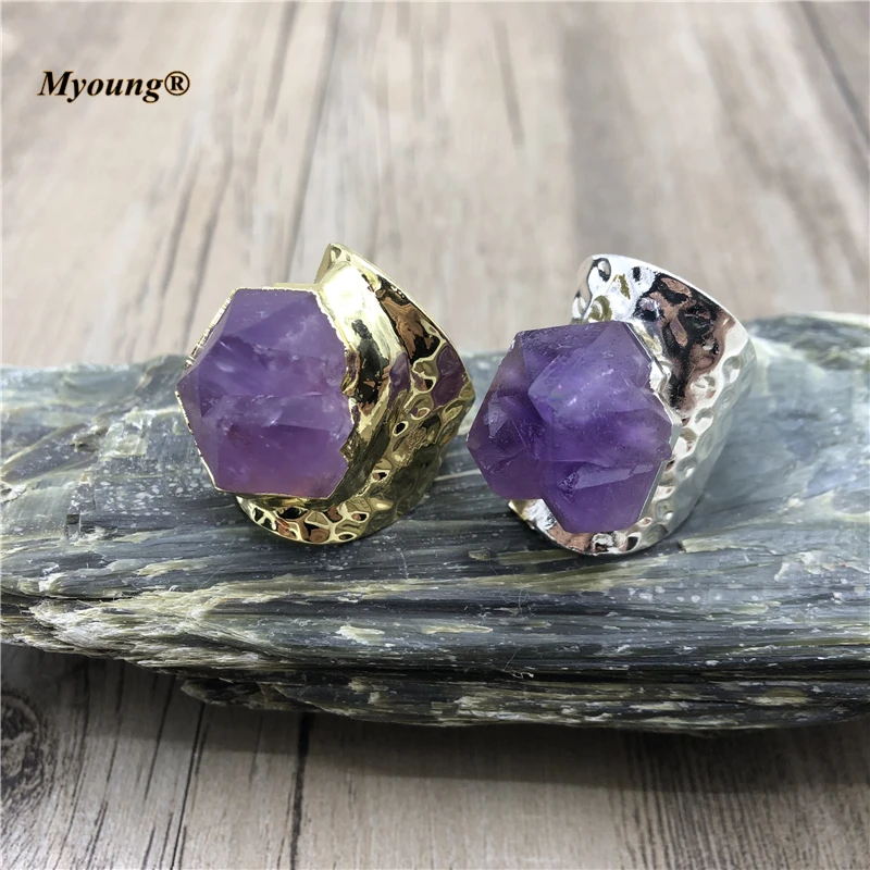 

10PCS Large Natural Amethysts Cluster Crystal Quartz Druzy Adjustable Rings For Women MY210426