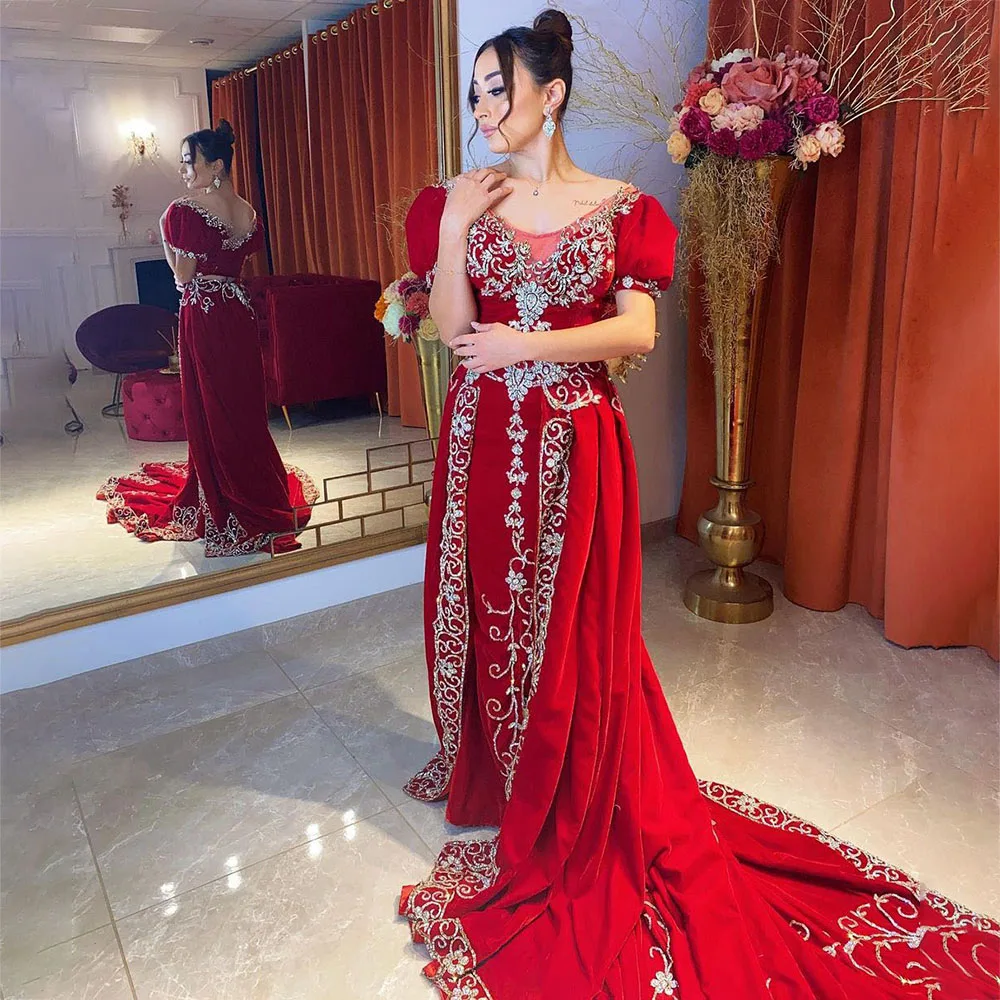 Laxsesu Red Moroccan Caftan Evening Dresses Dubai A-Line Applique Crystals Party Prom Dress 2022 Sweep Train Prom Gown Plus Size