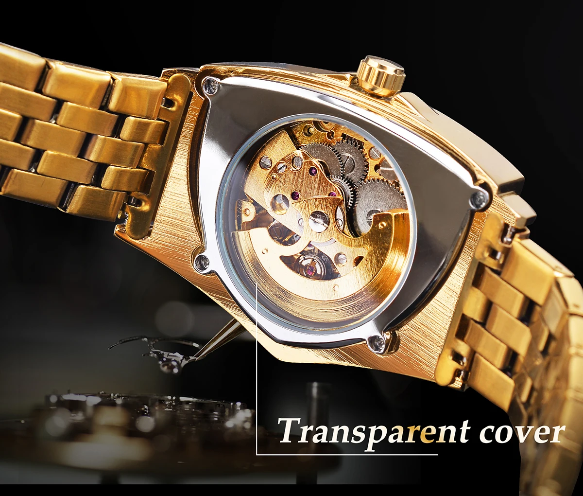 Winner Men Skeleton Automatic Military Watch Luxury Gold Triangle Mechanical Watches Transparent Stainless Steel Band Male Clcok