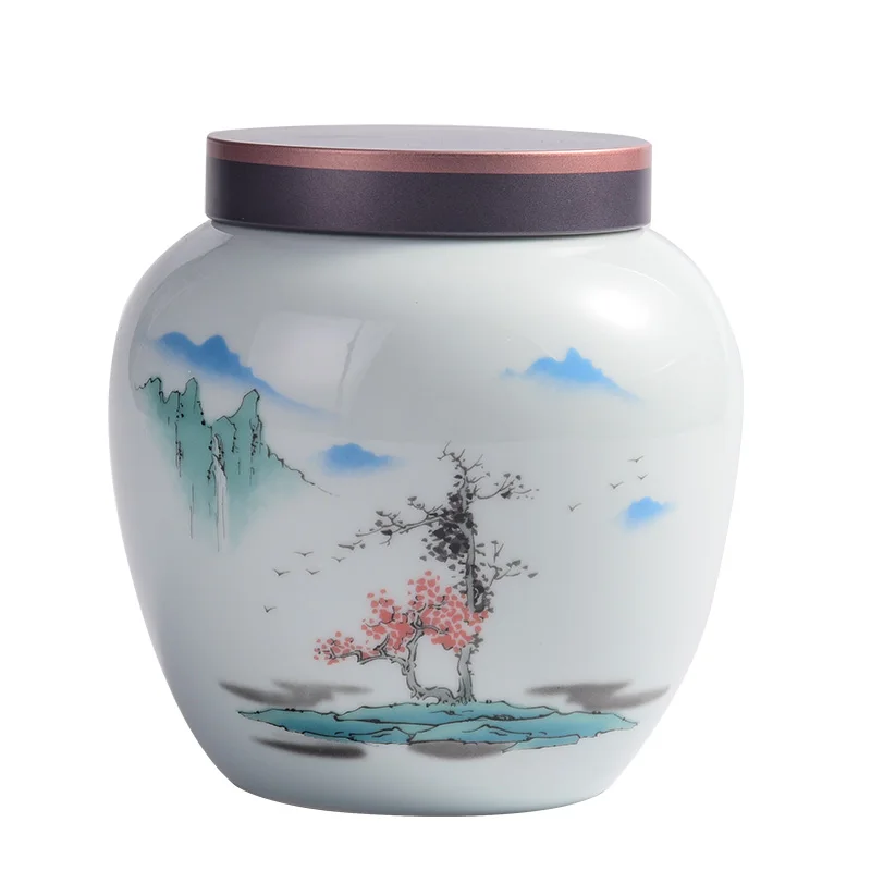 Landscape Painting Ceramic Tea Caddy Moisture-proof Sealed Storage Jar Bottle Kitchen Food Storage Container Desktop Decoration