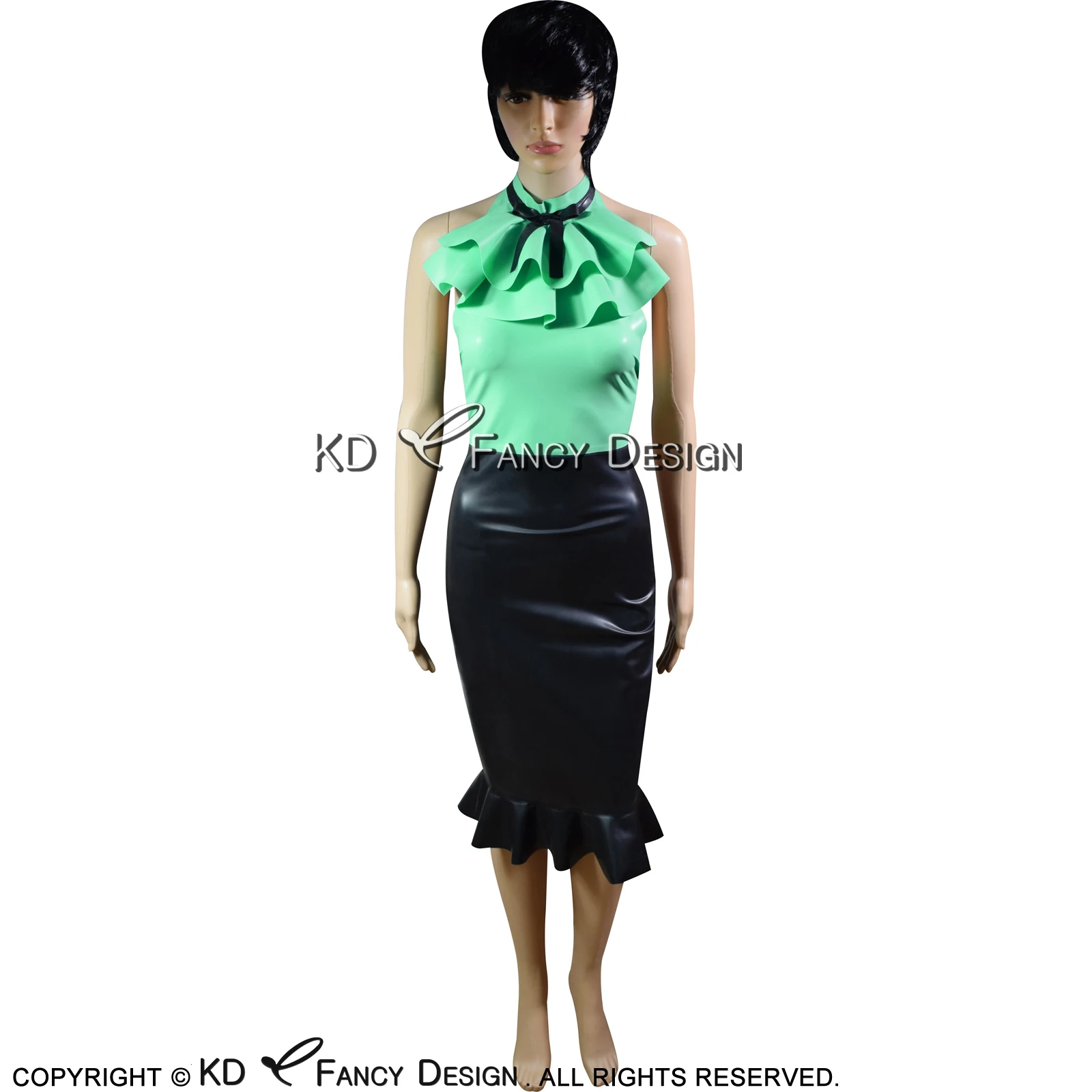 Apple Green And Black Sexy Latex Dresses With Frills On Top Bows Rubber Bodycon Playsuit LYQ-0031