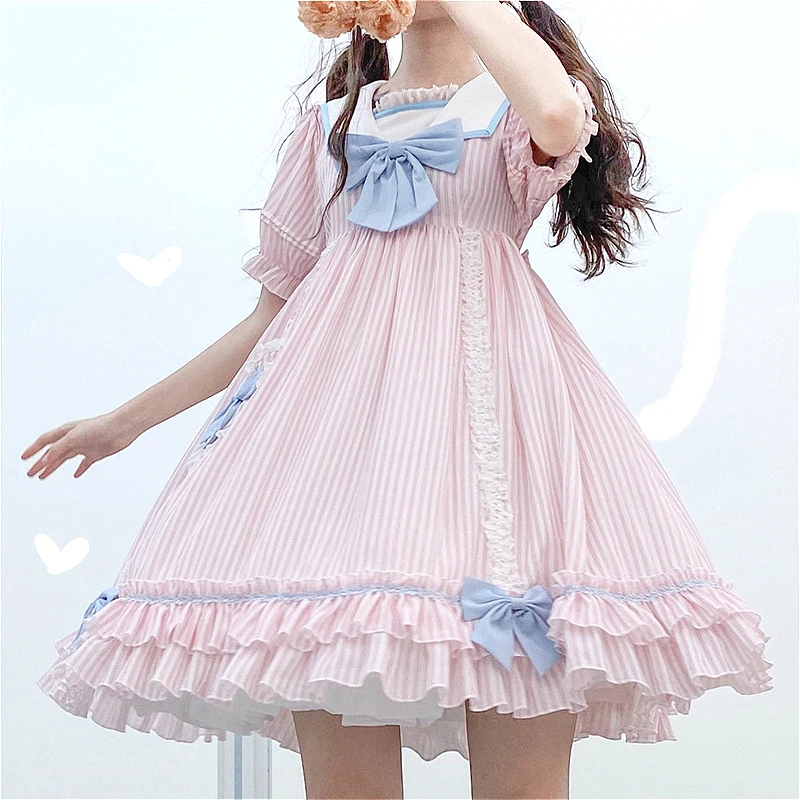 

Pink Summer Lolita Dress Sweet Lace Bowknot Sailor Collar Kawaii Dress High Wiast Gothic Lolita Op Stripe Girl Victorian Dress