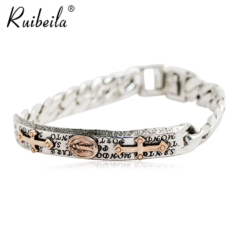 ruibeila925 Argent Christian Croix Vierge Marie 9mm hommes et femmes bracelet personnalité rétro argent cadeau nouveau bracelet