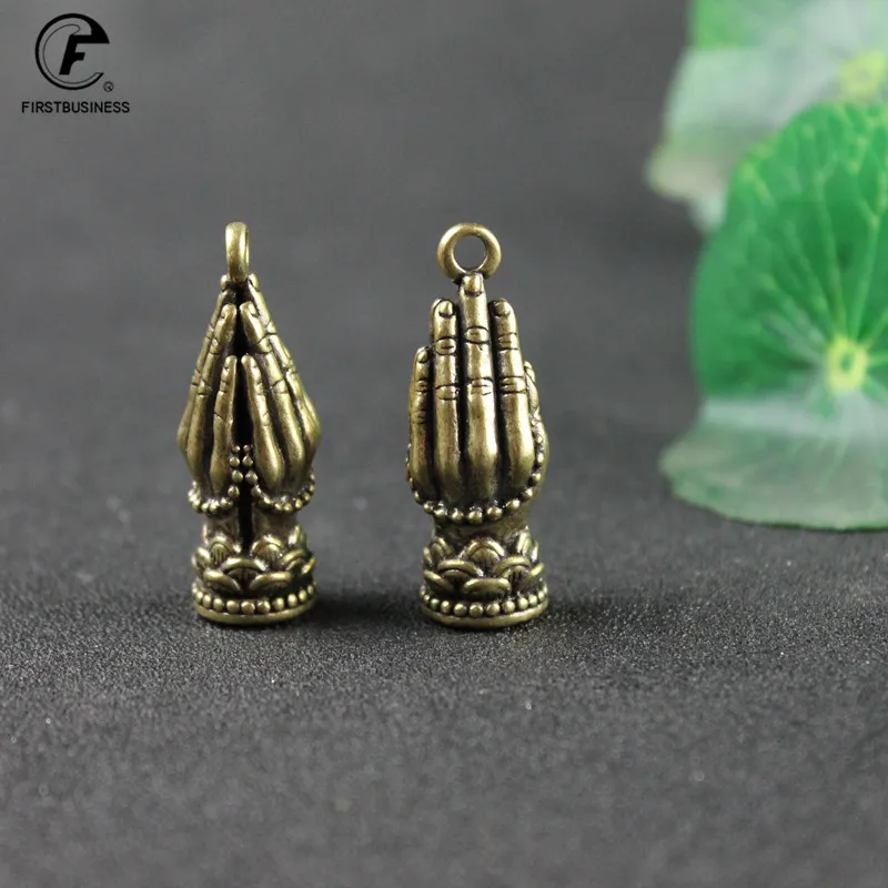 Handmade Brass Buddhism Praying Buddha Hand With Lotus Base DIY Copper Zen Bracelet Beads Desk Decor Mini Hand Pray Figurines