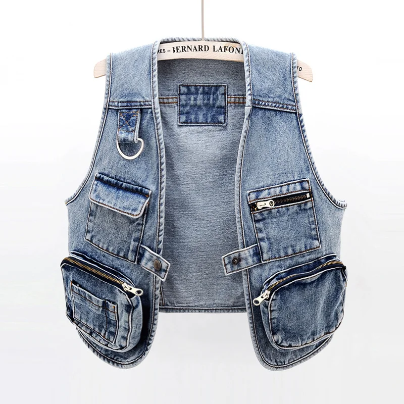 

Vintage Blue V Neck Big Pocket Denim Vest Women Casual Short Waistcoat Cowboy Sleeveless Jacket Coat Cardigan Jeans Vest Female