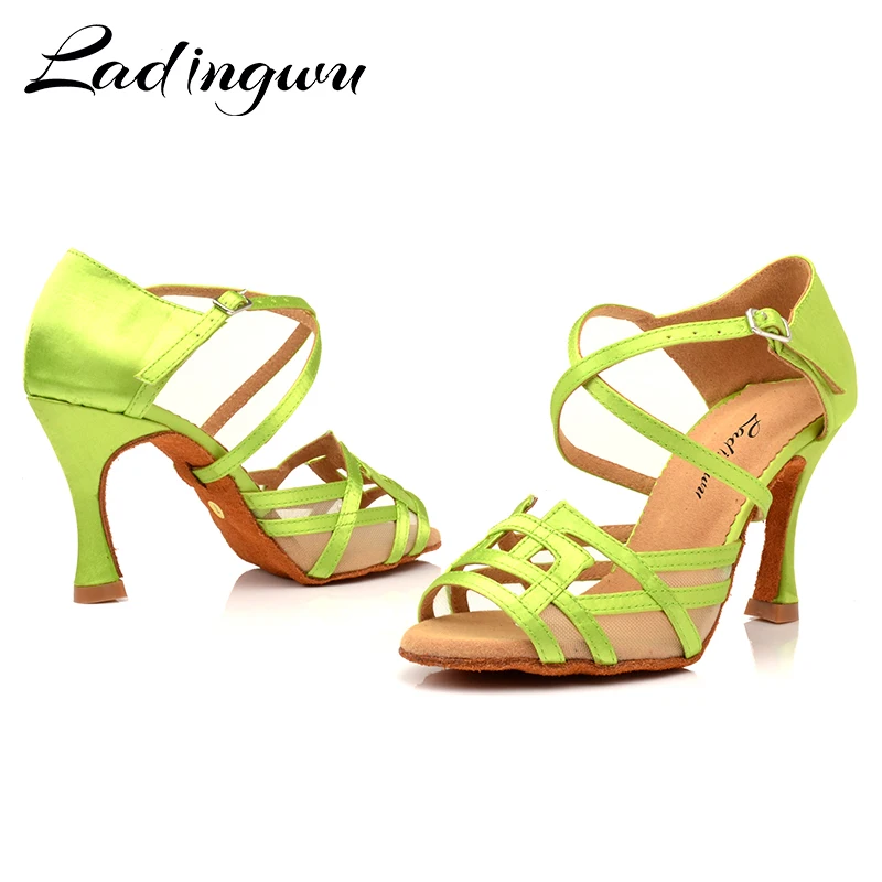 Ladingwu Dance Shoes Women Salsa Shoes Dance Light Green Satin Latin Dance Shoes Geometric patterns Design Soft Bottom