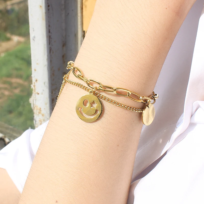 Double-Layer Exquisite Simple bracelet with Smile Face Pendant Fashion Women Stainless Steel Adjustable Bracelet Jewelry