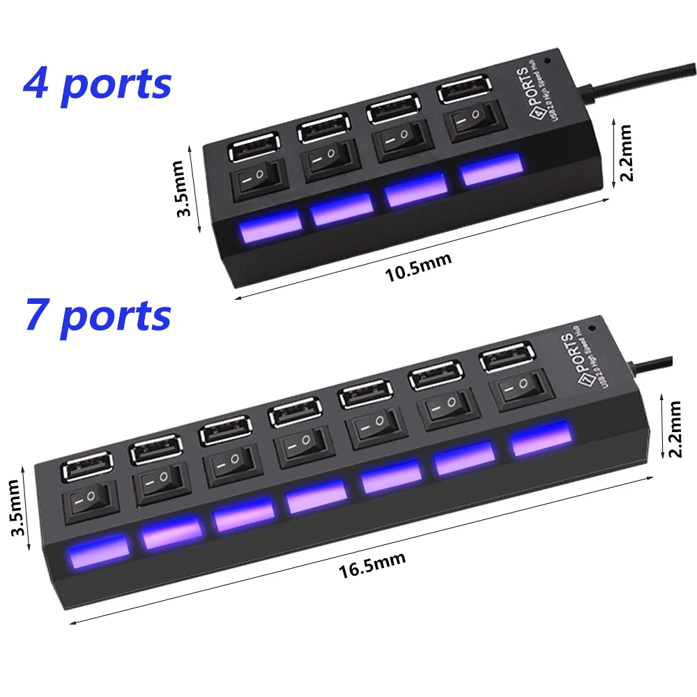 Hub USB com Interruptor para PC, Multi Splitter, Adaptador de Energia, Expansor Múltiplo, Uso, USB 2.0, 4, 7 Portas