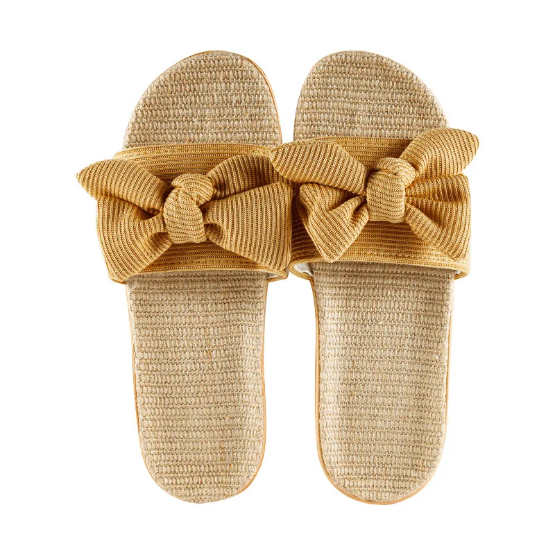 2021Bowknot household cool linen slippers women summer indoor non-slip resistance couples home slippers shoes women