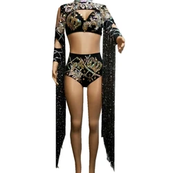 Bright Black Tassel Rhinestones Bodysuit Sexy Luxury Leotard Performance Outfit Women Party Jumpsuit Singer Dance Stage Clothing