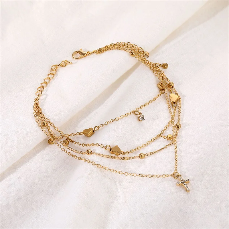 Vienkim New Vintage Cross Pendant Heart Anklets For Women Multilayers Beads Chain Anklet 2020 Bracelet on Leg Foot Beach Jewelry