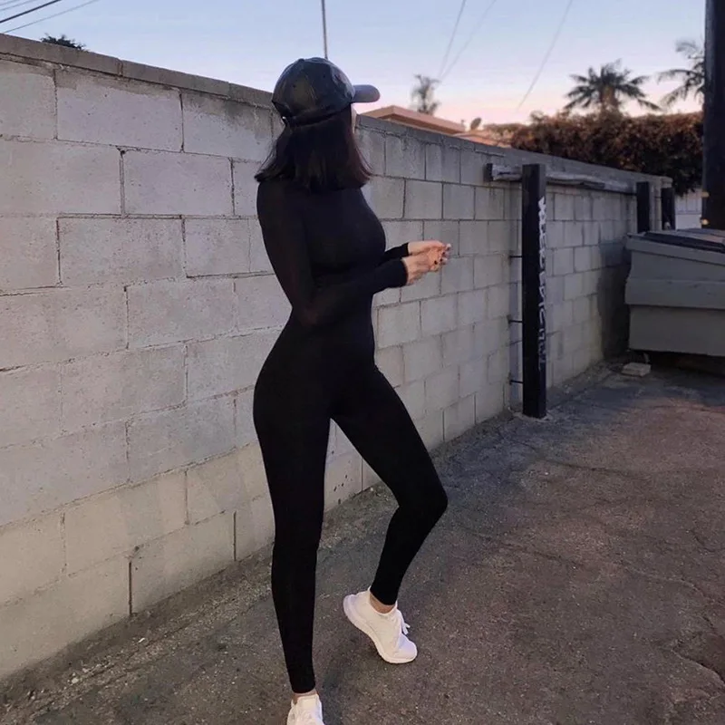 2025 Solid Black/Gray Long Sleeve Skiing Jumpsuit Women Elastic Hight Outfit Fashion Fitness Sportwear Slim Rompers Streetwear