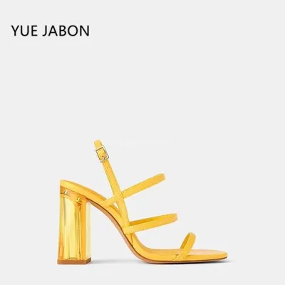 Yellow Women Summer Sandals Ankle Strap Women High Heels Transparent Heel Sandals Women 2024 Thick Heels Shoes Female Open Toe