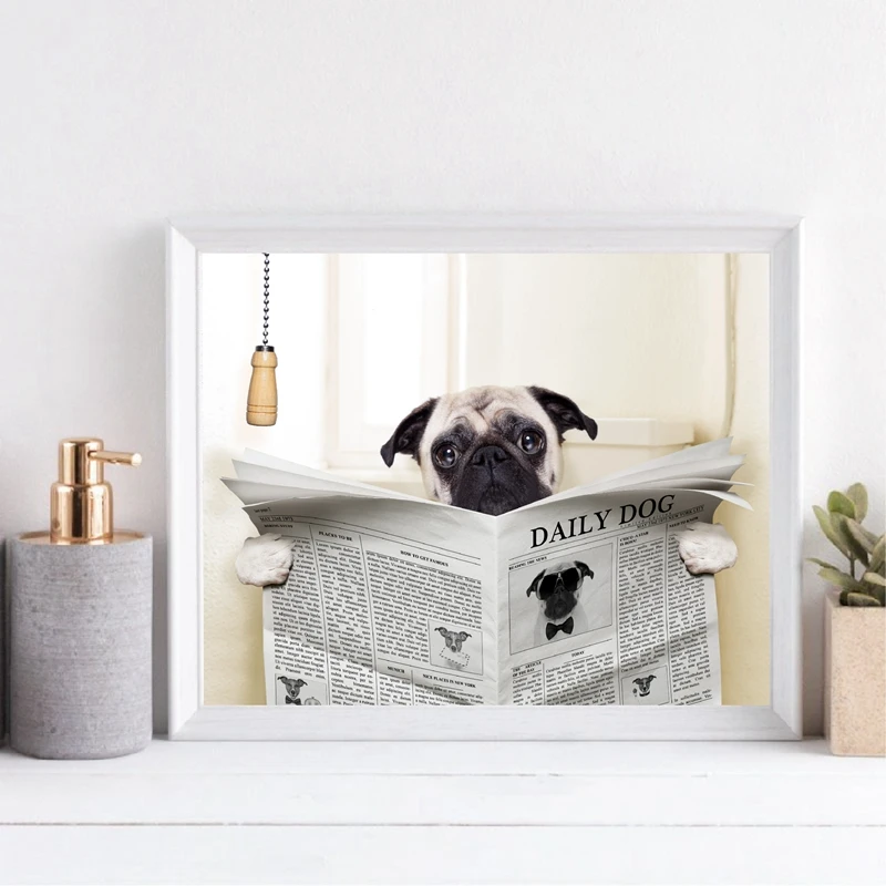 Pug Dog On Toilet and Reading Magazine Having a Break Funny Canvas Poster Prints Bathroom Toilet Wall Art Decor Canvas Painting