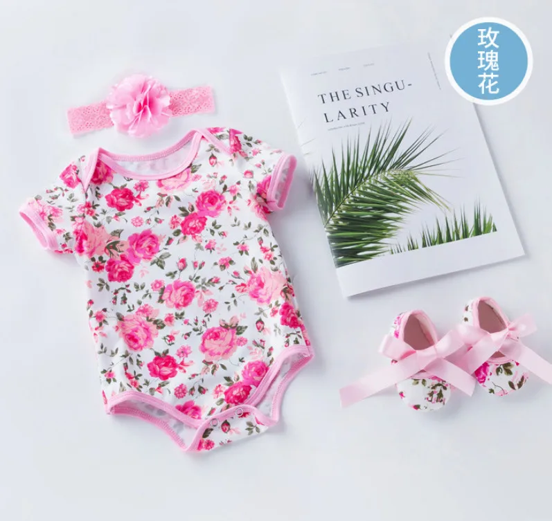 New Arrival Baby Girl Clothes Zebra Leopard Flower Kid Bodysuits Headbands Clothing Set Jumpsuits Newborn Birthday Party Outfits