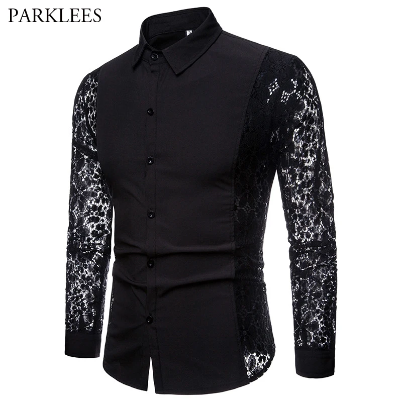 Mens Flower Patchwork Embroidery Lace Shirt 2019 Fashion Transparent Sexy Dress Shirts Mens See Trough Club Party Event Chemise