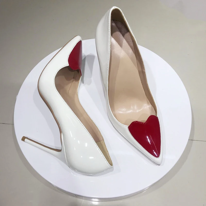 Tikicup Red Love Heart Patchwork Women White Patent Pointy Stiletto High Heels Ladies Chic Slip on Pumps Fashion Dress Shoes