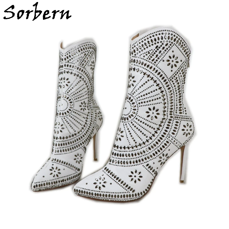 

Sorbern Made-To-Order Rivets Women Boots Ankle High Stilettos Pointed Toe Studs Punk Style Booties Female Shoe Custom Colors