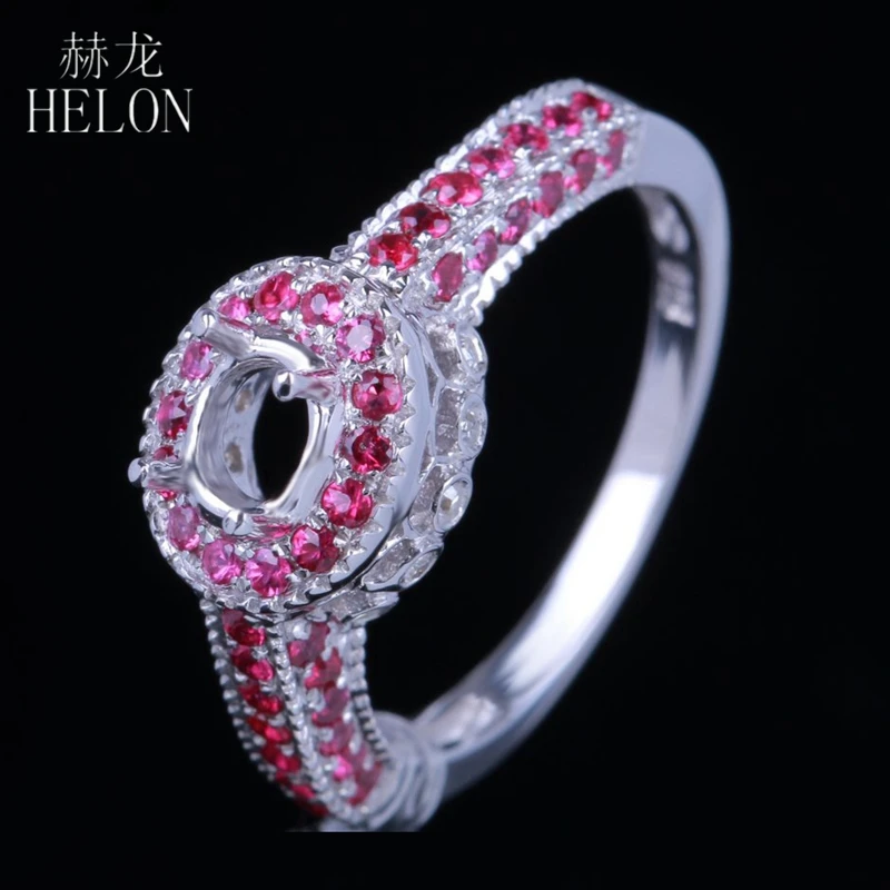 HELON 925 Sterling Silver 0.55ct Real Natural Diamond & Genuine Rubies Fine Jewelry Wedding Ring 6x4mm Oval Cut Semi Mount Ring