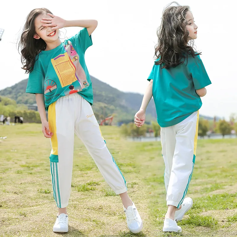 2024 autumn kid baby Girls Clothes Child short Tops t-shirt news paper + striped pants teenager Tracksuit 6 8 9 10 11 12 Year