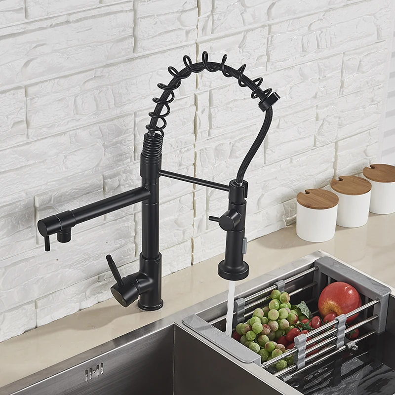 MYQualife Matte Black Finish Dual Spout Kitchen Sink Faucet Deck Mount Spring Kitchen Mixer Tap Kitchen Hot and Cold Water tap