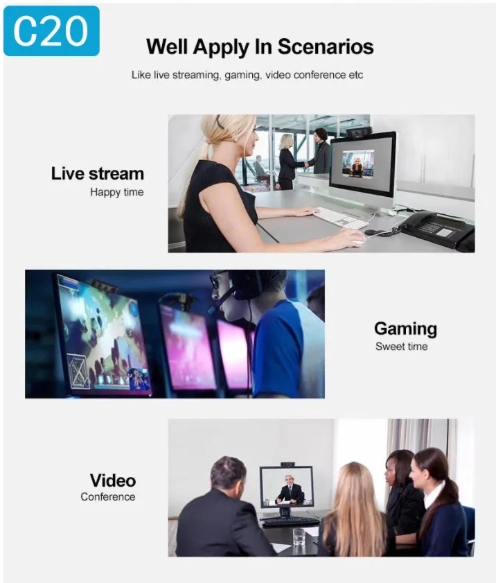 C20 1080P 컴퓨터 네트워크 교육 라이브 회의 소음 감소 마이크 USB 카메라