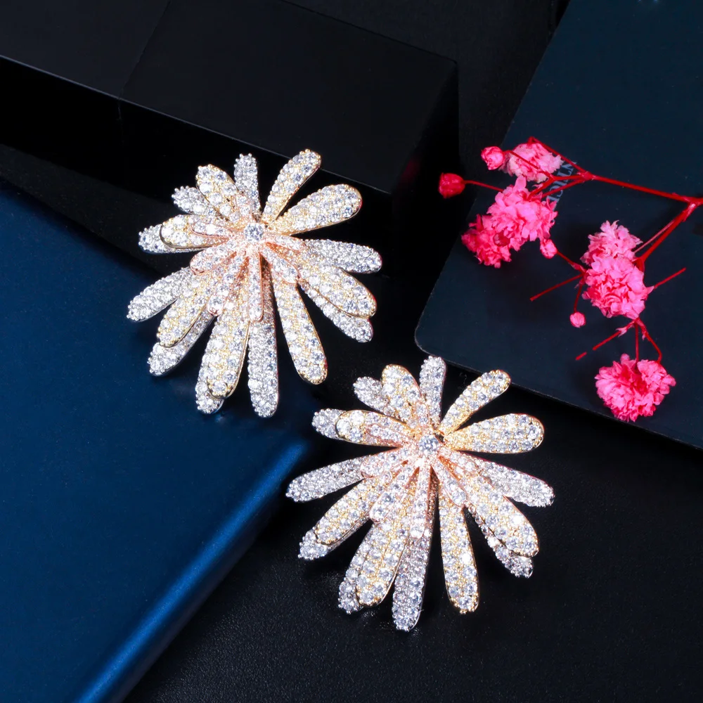 CWWZircons 3 Tone Gold Color Multi Layer Firework Flower Cubic Zircon Big Luxury Earrings for Women Wedding Bridal Jewelry CZ887