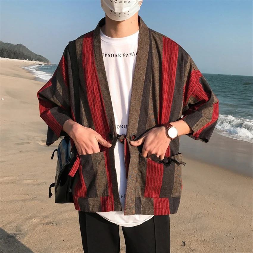 Japanese Traditional Kimono for Man Cotton Striped Retro Chinese Style Cardigan Summer Beach Wear Loose Haori Yukata