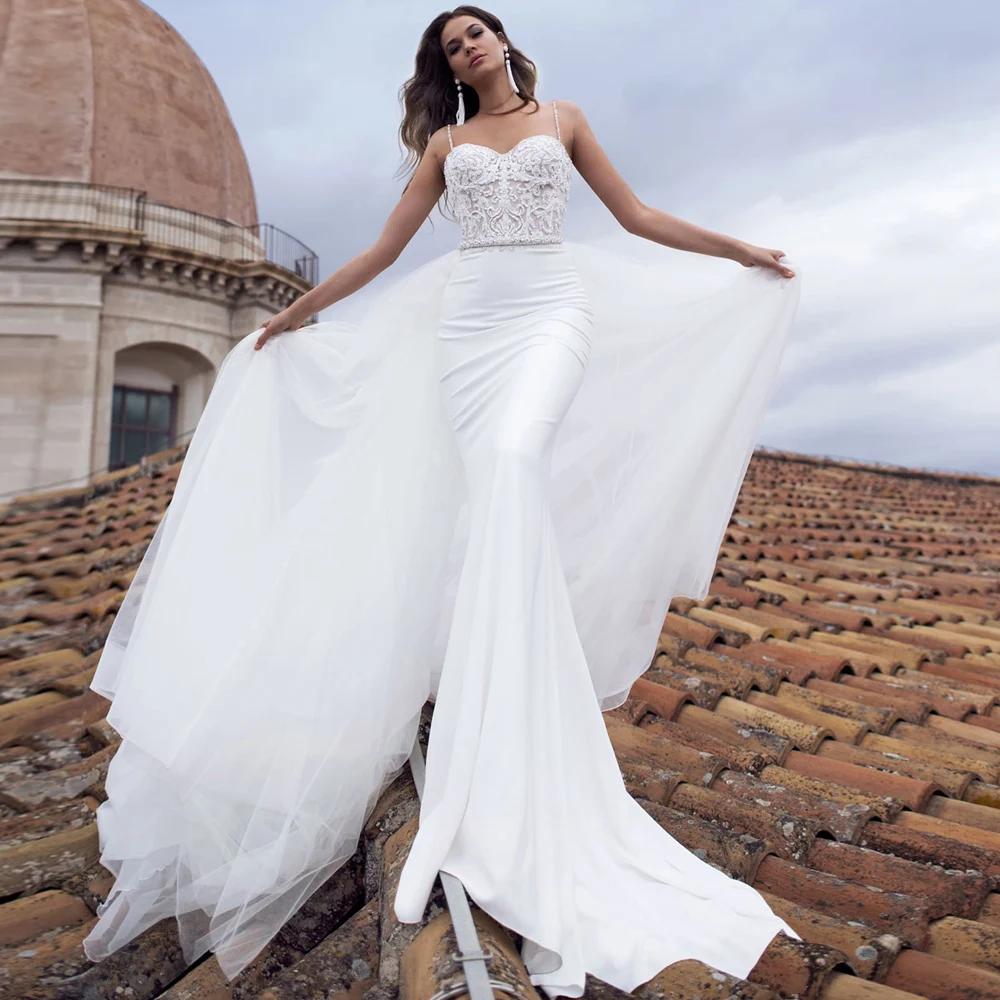 Fashion Spaghetti Straps Mermaid Wedding Dress with Removable Skirt Backless Robe de Mariee Beaded Detachable Bridal Gown