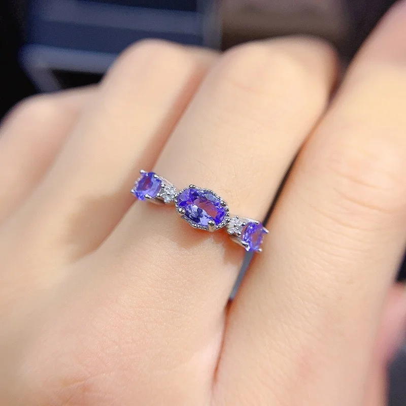 Fashion Tanzanite Silver Ring Natural VS Tanzanite Ring for Girl Solid 925 Silver Tanzanite Engagement Ring for Lady