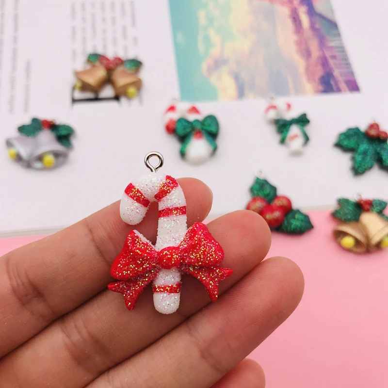 10pcs Hot New Resin Cute Christmas Candy Cane Charm Bell Holly Pendant for Keychain, Earring, Scrapbooking, DIY Making, Necklace