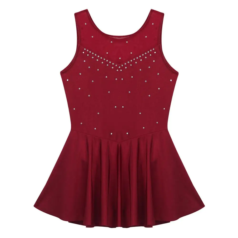 Crianças meninas sparkly figura vestido de patinação no gelo sem mangas strass brilhantes ginástica collant dance wear ballet vestido