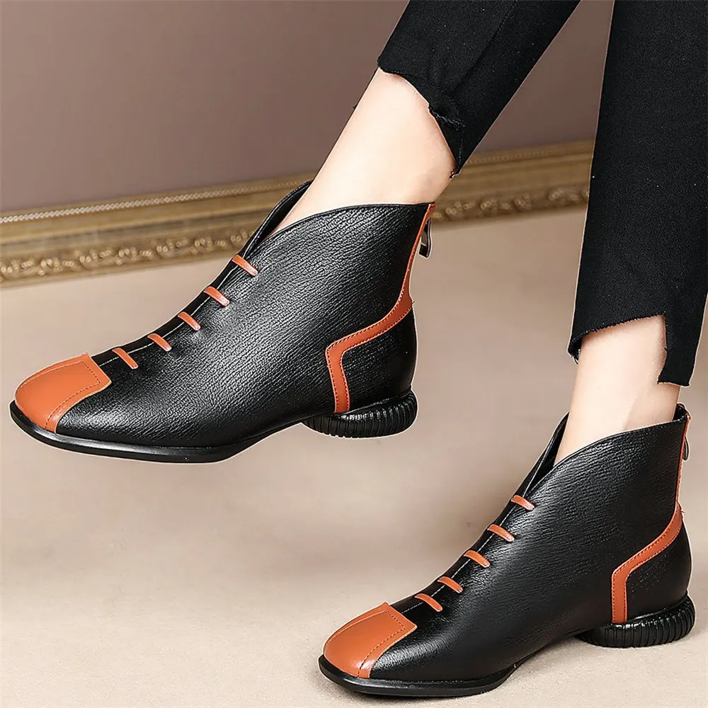 

2021 Women Genuine Leather Cuban Low Heels Ankle Boots Female High Top Round Toe Pumps Goth Platform Oxfords Shoes Casual Shoes