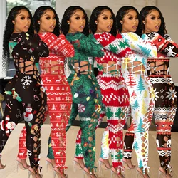 Plus Size Sexy Christmas Print Side Hollow Out Jumpsuit for Women Long Sleeve Bodycon Fashion One Piece Night Party Autumn Wear