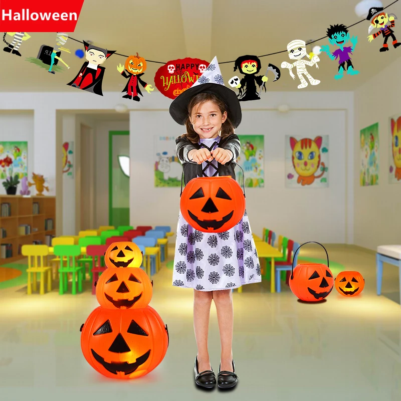 Halloween Decorations Children's Portable Luminous Pumpkin Lamp Electric Sounding Candle Candy Bag Pumpkin Party Gifts Bar Prop