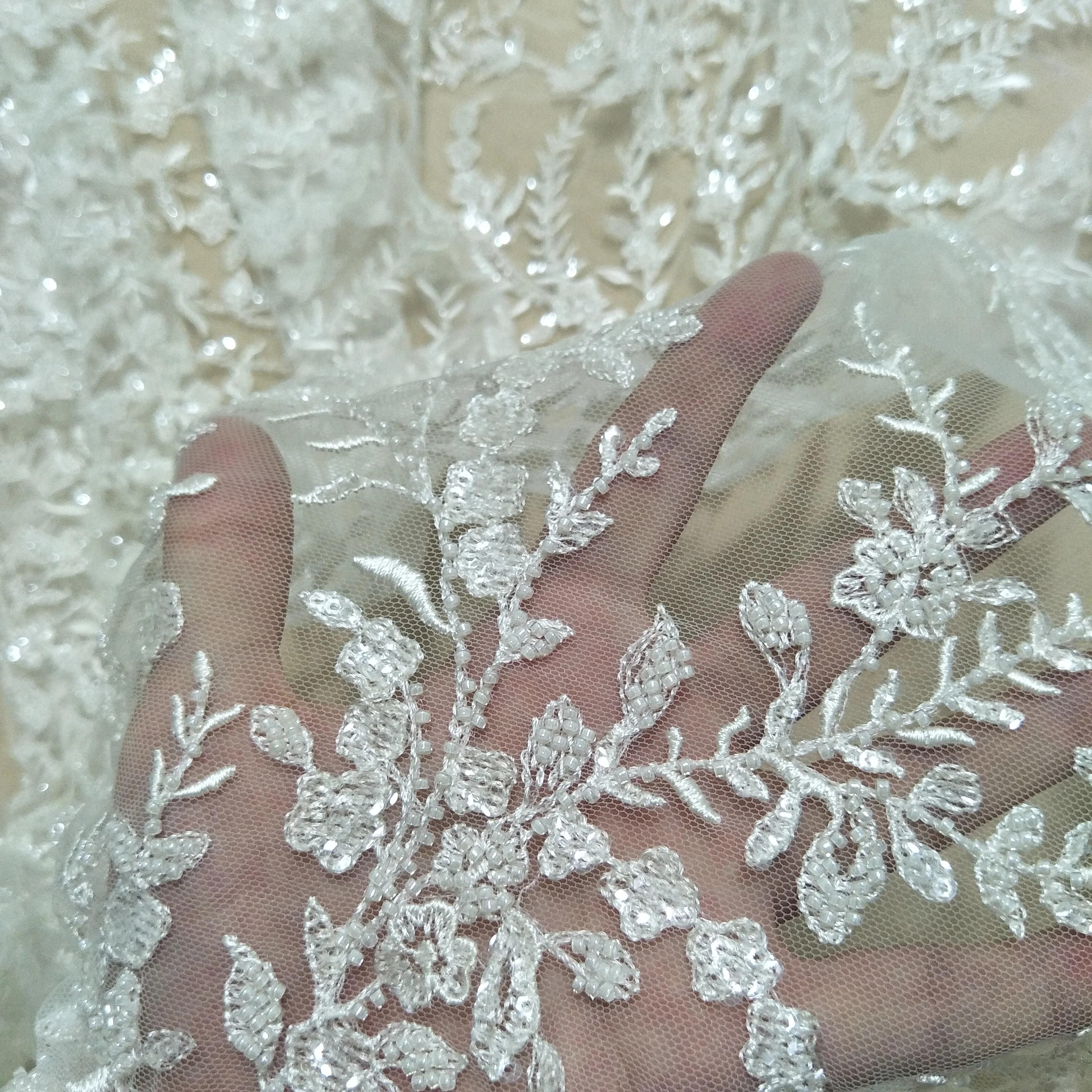 Bridal beading lace fabric wedding gown dress lace fabric beads and sequins lace fabric sell by yard