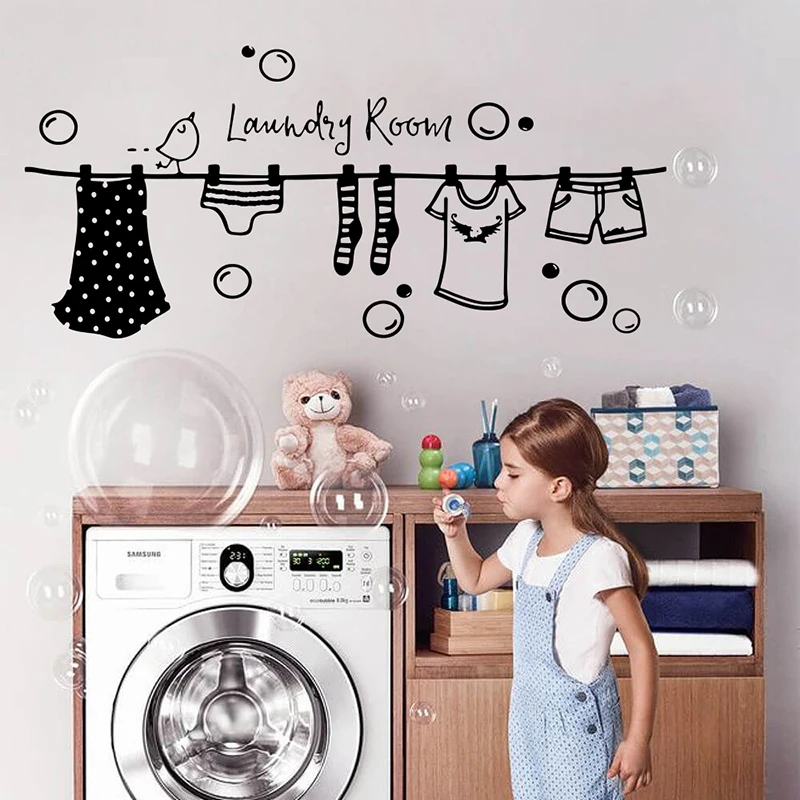 Large Laundry Drying Cloth Wall Sticker Washroom Wash Clothes Bird Bubble Wall Decal Laundry Room Vinyl Decor