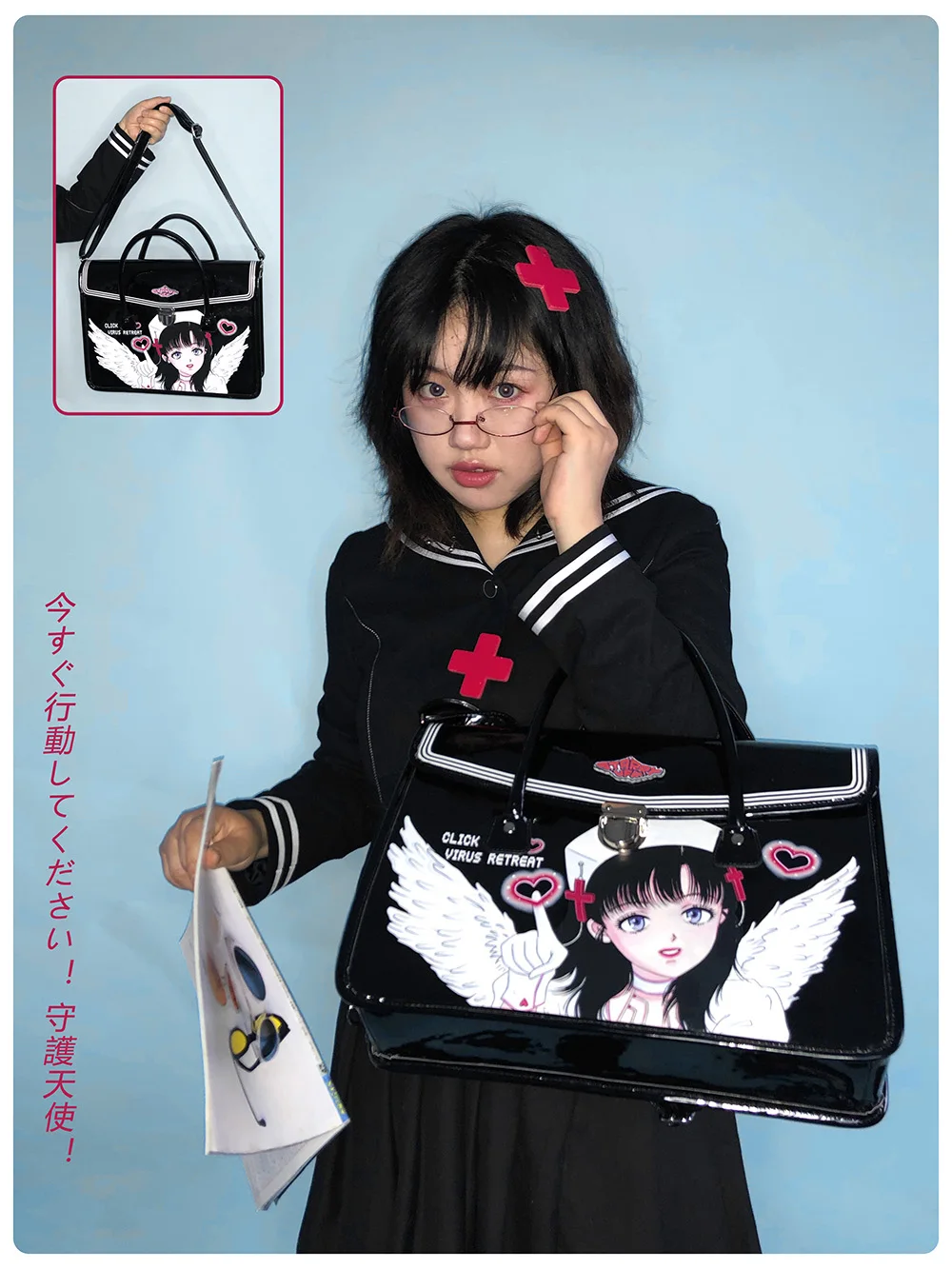 STARRY UFF Original Design Anime Print Women 2023 Japanese Harajuku Vintage PU Jk Handbags Costumes Black Big