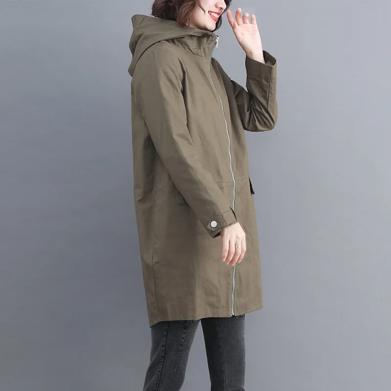 2022 Lente Herfst Katoen Trenchcoat Vrouwen Wilde Stijl Kleding Medium Lange Losse Was Dunne Capuchon Jas Vrouwelijke Overjas